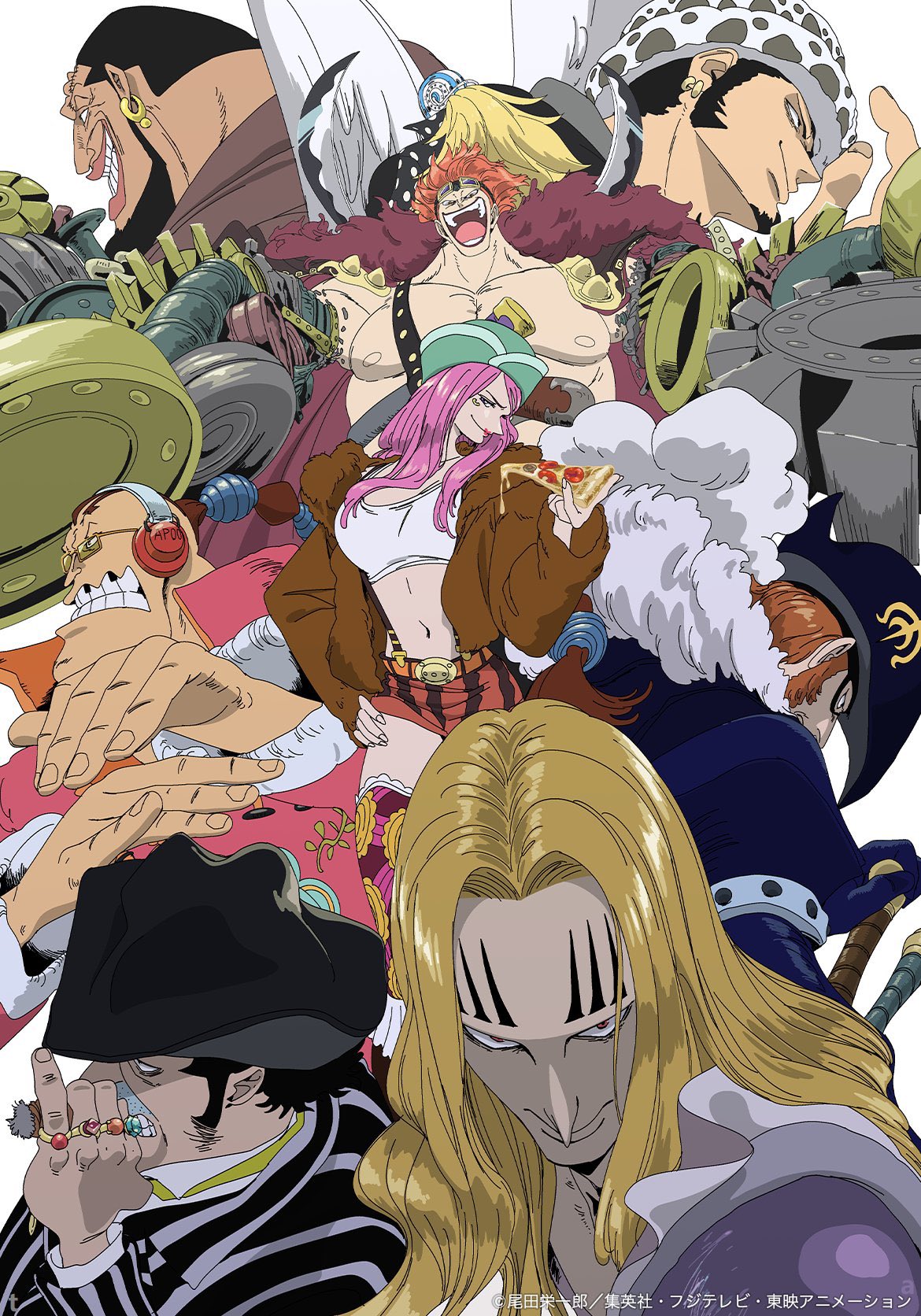 kojima takashi, basil hawkins, capone gang bege, eustass kid, jewelry bonney, killer (one piece), scratchmen apoo, trafalgar law, urouge, x drake, one piece, highres, official art, third-party source, 1girl, 6+boys, blonde hair, brown jacket, buzz cut, cigar, earrings, facial hair, food, fur jacket, goatee, hand on own hip, hat, hat feather, headphones, hockey mask, holding, holding cigar, holding food, holding pizza, jacket, jewelry, long hair, mask, mechanical arms, multiple boys, open mouth, pink hair, pizza, short hair, shorts, sideburns, simple background, single mechanical arm, smile, thighhighs, very short hair, white background, wings