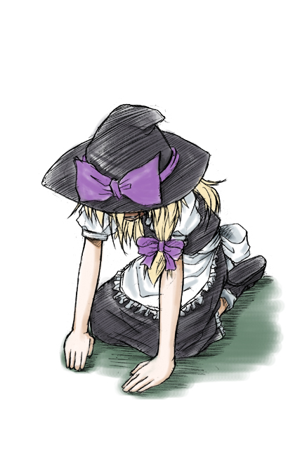 kirisame marisa, touhou, artist request, source request, 1girl, blonde hair, dress, female focus, hair ribbon, hat, hat ribbon, maid, prostration, ribbon, simple background, solo, white background, witch hat