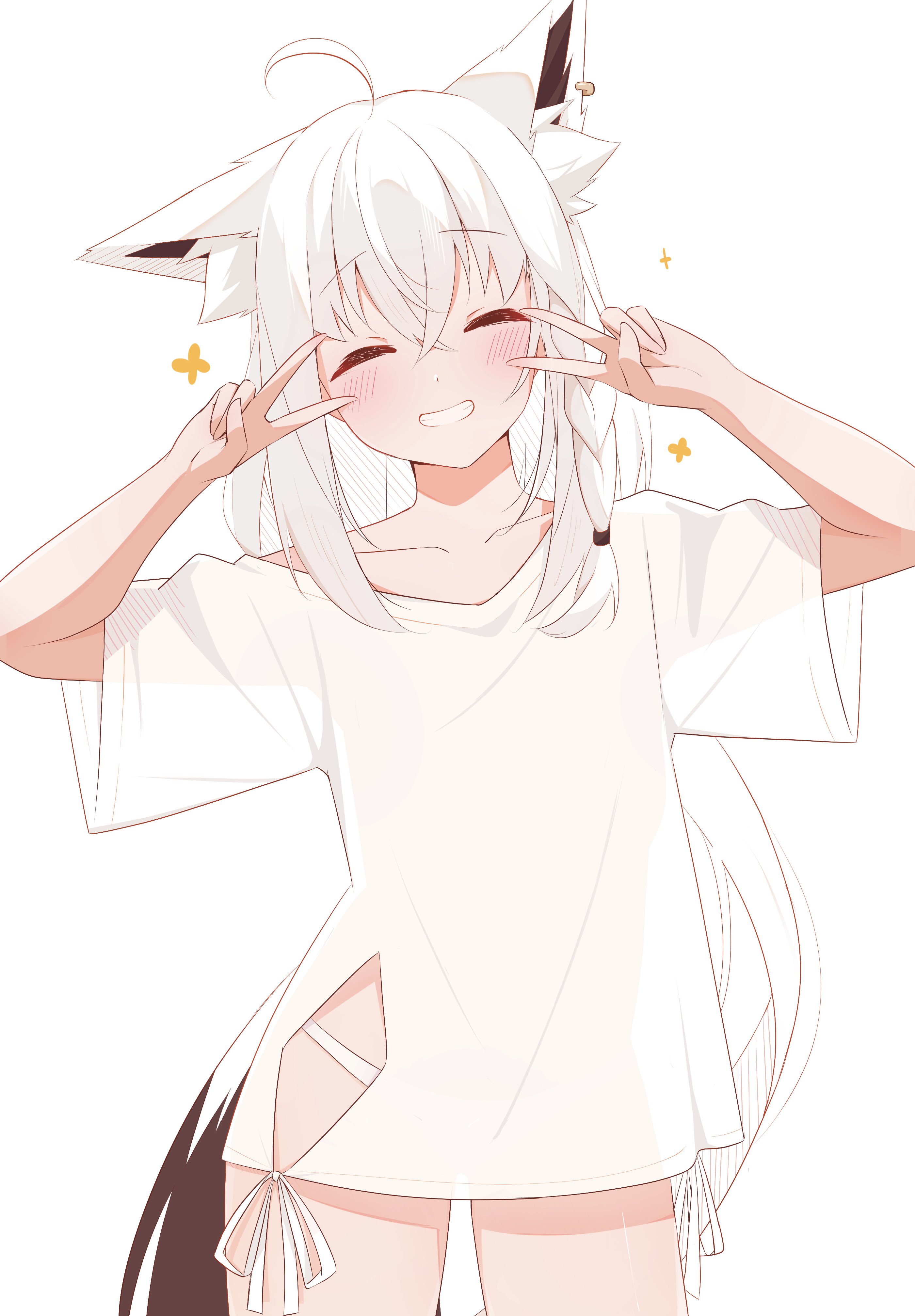 kasawara, shirakami fubuki, hololive, absurdres, highres, 1girl, ahoge, alternate costume, animal ear fluff, animal ear piercing, animal ears, braid, closed eyes, collarbone, cowboy shot, double v, facing viewer, fox ears, fox girl, fox tail, grin, hair between eyes, light blush, long hair, no pants, panties, shirt, short sleeves, sidelocks, simple background, smile, solo, tail, underwear, v, very long hair, virtual youtuber, white background, white hair, white panties, white shirt