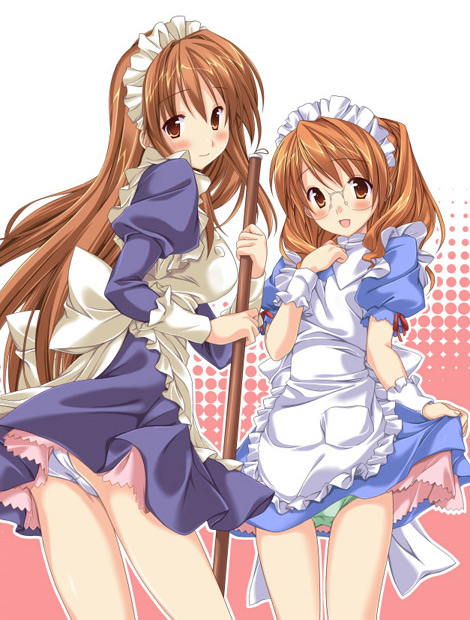 inase shin'ya, asahina mikuru, narusaki, narusaki ayano, suzumiya haruhi no yuuutsu, extra, 00s, 2girls, clothes lift, cowboy shot, crossover, glasses, green panties, lifting own clothes, maid, multiple girls, panties, pantyshot, round eyewear, skirt, skirt lift, underwear, white panties