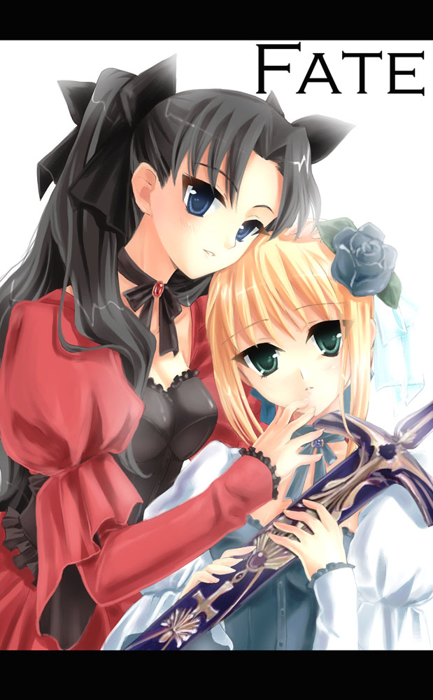artoria pendragon (fate), saber (fate), tohsaka rin, fate/stay night, fate (series), 00s, 2girls, flower, hair flower, hair ornament, multiple girls, sword, weapon