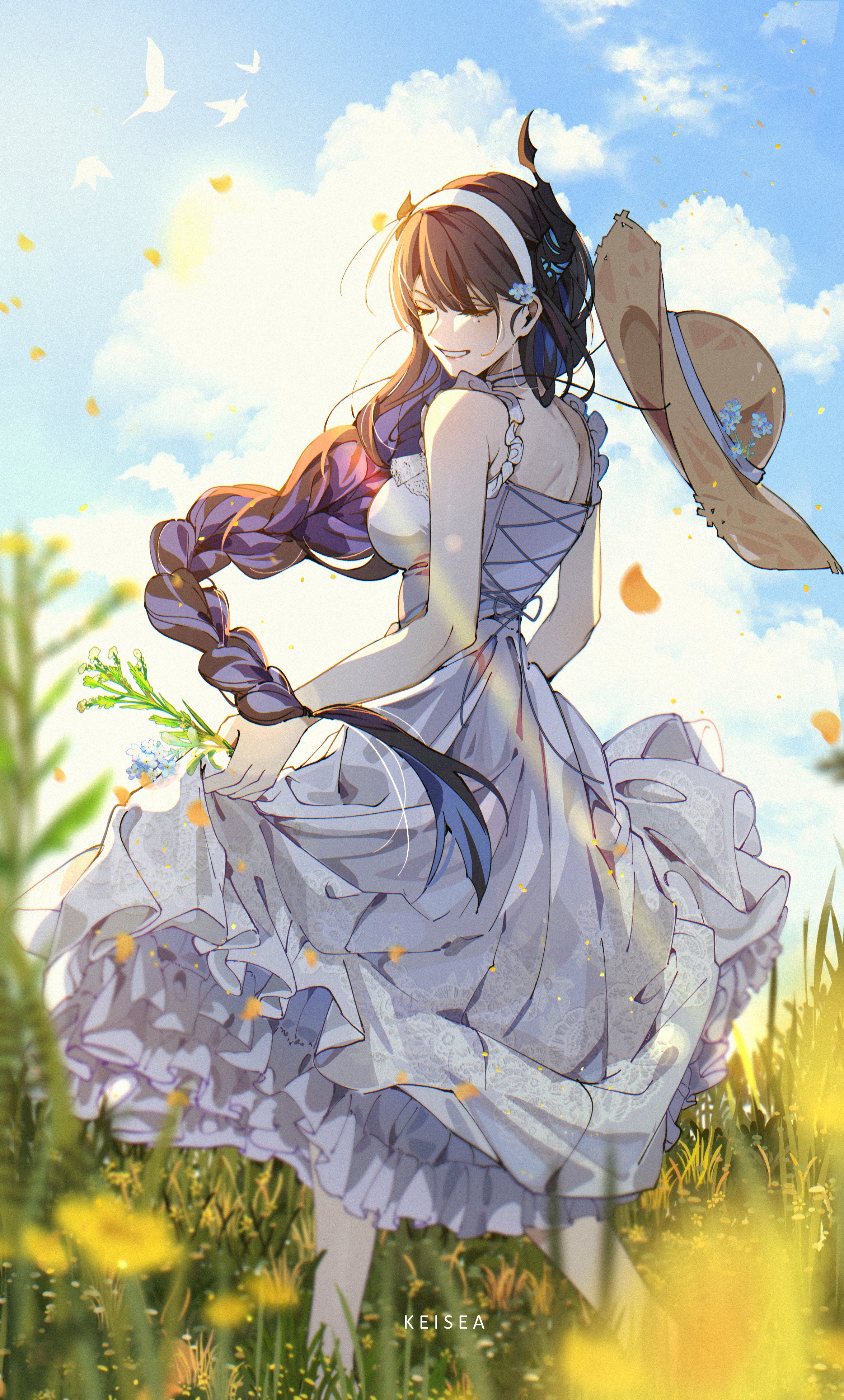 keisea, nerissa ravencroft, hololive, hololive english, absurdres, commentary, highres, symbol-only commentary, 1girl, alternate costume, asymmetrical horns, black hair, blue hair, blue sky, braid, braided ponytail, closed eyes, cloud, colored inner hair, dress, field, flower, flower field, frilled dress, frills, grin, horns, layered dress, long dress, long hair, multicolored hair, outdoors, sidelocks, sky, smile, solo, sundress, uneven horns, very long hair, virtual youtuber, white dress