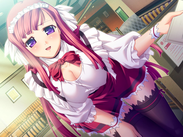 hikage eiji, kanzaki sayaka, liquid (company), ryoujoku famiresu tyoukyou menu, game cg, 1girl, black thighhighs, blunt bangs, blush, breasts, cleavage, dutch angle, female focus, holding, indoors, large breasts, leaning forward, long hair, looking at viewer, open mouth, purple eyes, red hair, solo, thighhighs, waitress