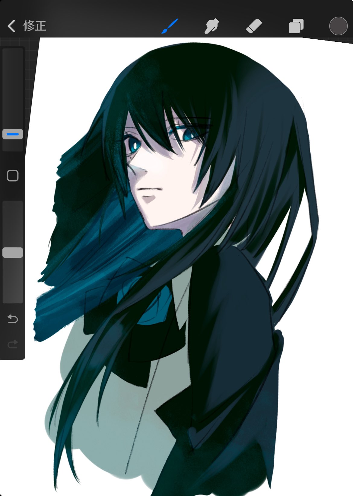 spica (spica5f9ea0), chando (ado), ado (utaite), highres, procreate (medium), 1girl, art program in frame, black hair, blue eyes, blue hair, closed mouth, hair between eyes, long hair, mole, mole under eye, solo, upper body, utaite