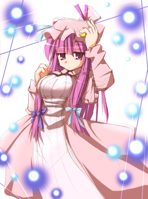 patchouli knowledge, touhou, eyebrows, 1girl, arm up, crescent, crescent hair ornament, danmaku, dress, female focus, hair ornament, hair ribbon, hat, long hair, long sleeves, looking at viewer, mob cap, purple eyes, purple hair, ribbon, side ponytail, simple background, solo, tress ribbon