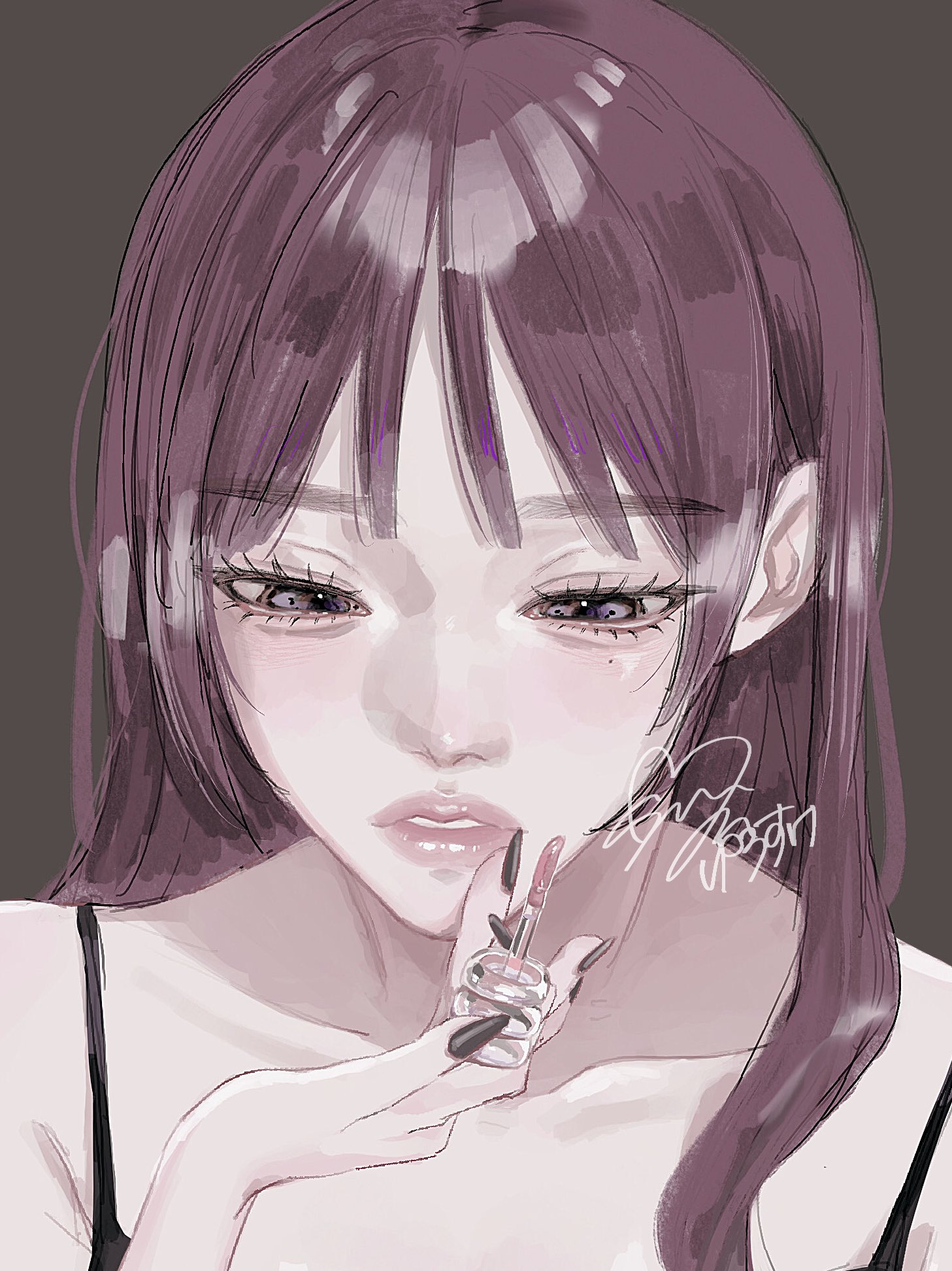 yurosuke, original, commentary, hashtag-only commentary, highres, 1girl, aegyo sal, applying lipgloss, grey background, long hair, mole, mole under eye, purple eyes, purple hair, simple background, solo, spaghetti strap, upper body