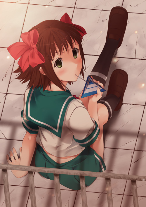 mizuki makoto, amami haruka, idolmaster, idolmaster xenoglossia, 00s, 1girl, black socks, blue sailor collar, blush, brown eyes, female focus, from behind, full body, green skirt, kneehighs, loafers, looking at viewer, looking back, sailor collar, school uniform, serafuku, shirt, shoes, short hair, sitting, skirt, socks, solo, white shirt