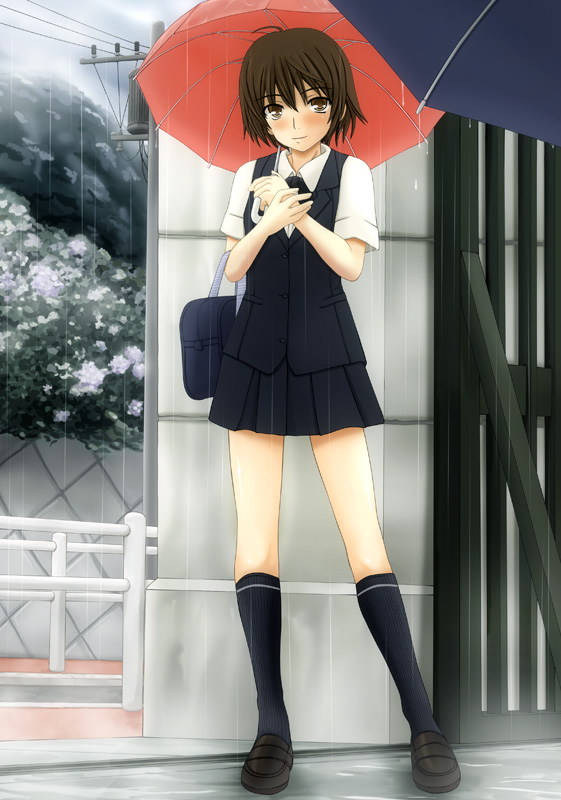 artist request, 1girl, ahoge, brown hair, female focus, kneehighs, looking at viewer, rain, school uniform, short hair, skirt, socks, solo, standing, umbrella