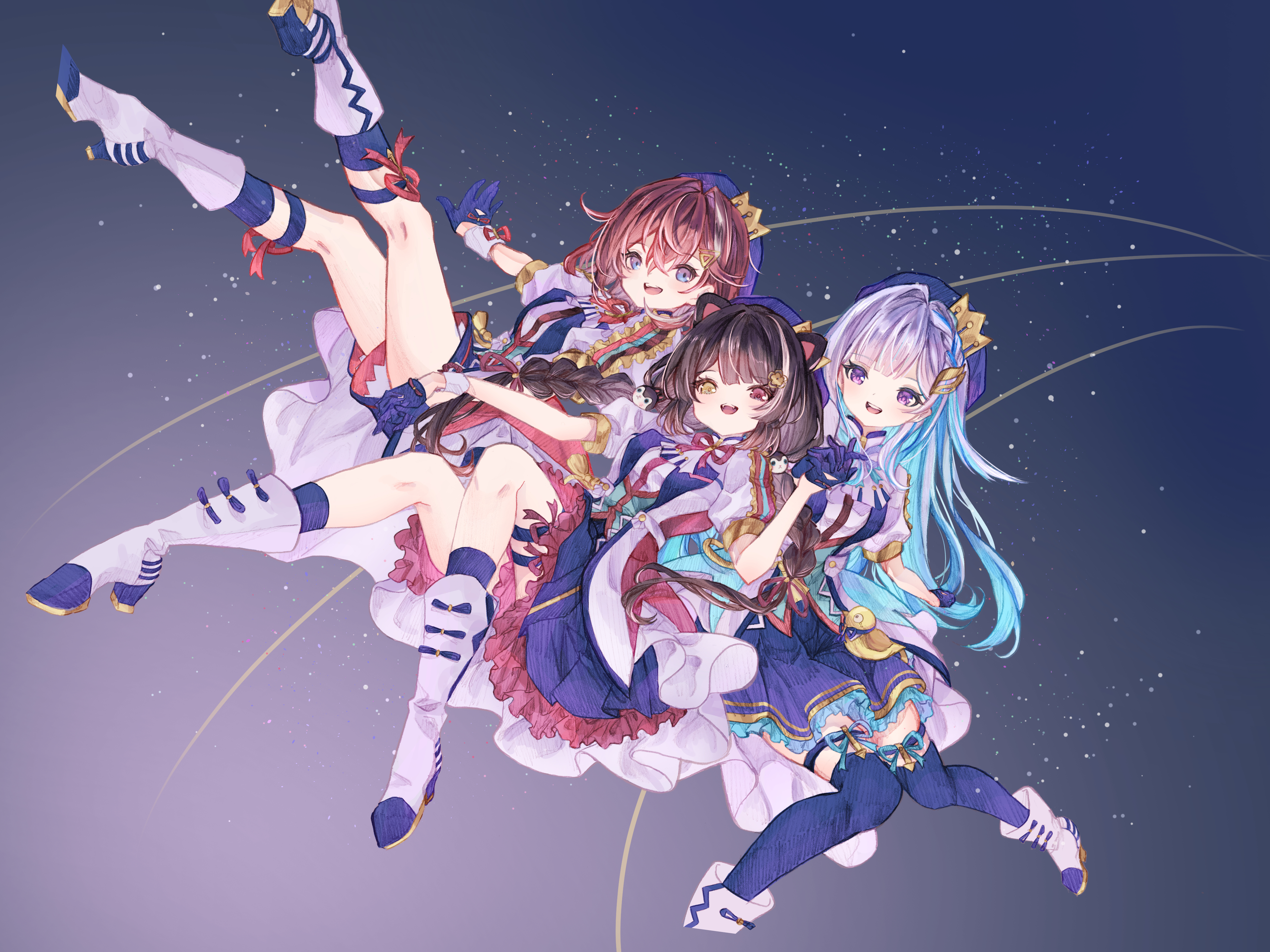 eresa, ange katrina, inui toko, lize helesta, sebastian piyodore, nijisanji, absurdres, commentary request, highres, 3girls, :d, animal ears, animal hair ornament, ankle boots, artistic error, beret, blue background, blue eyes, blue gloves, blue hair, blue hat, blue ribbon, blue shorts, blue skirt, blue socks, blue thighhighs, boots, braid, breasts, brown hair, colored inner hair, colored lapels, crown hat ornament, dog ears, frilled skirt, frills, gloves, gradient background, gradient eyes, group picture, hair between eyes, hair intakes, hair ornament, hair ribbon, half gloves, hat, heterochromia, holding hands, idol clothes, jacket, knees together feet apart, leaning back, legs up, legwear garter, light particles, long hair, looking at viewer, low twintails, medium hair, miniskirt, multicolored eyes, multicolored hair, multiple girls, neck ribbon, open mouth, pleated skirt, puffy short sleeves, puffy sleeves, purple background, purple eyes, purple ribbon, red eyes, red hair, red ribbon, ribbon, sanbaka (nijisanji), sanbaka anniversary outfit, short sleeves, shorts, single hair intake, single wrist cuff, skirt, small breasts, smile, socks, streaked hair, teeth, thigh strap, thighhighs, twintails, two-tone hair, upper teeth only, very long hair, virtual youtuber, white boots, white hair, white jacket, white wrist cuffs, wrist cuffs, wrist ribbon, yellow eyes