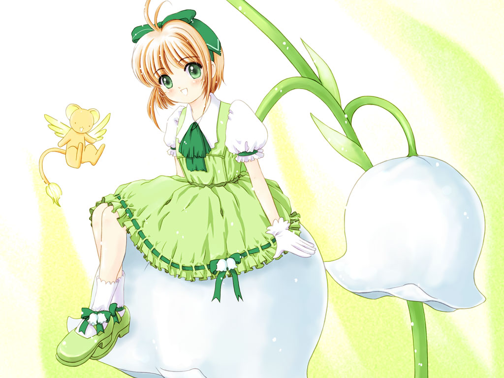 takano hayato, kerberos, kero (cardcaptor sakura), kinomoto sakura, cardcaptor sakura, 1990s (style), 1girl, :d, antenna hair, brown hair, child, dress, female focus, flower, gloves, green dress, green eyes, green ribbon, green shoes, hair ribbon, lily of the valley, mini person, minigirl, open mouth, puffy short sleeves, puffy sleeves, retro artstyle, ribbon, ribbon-trimmed clothes, ribbon trim, shoes, short hair, short sleeves, sitting, smile, socks, solo, white gloves, white socks