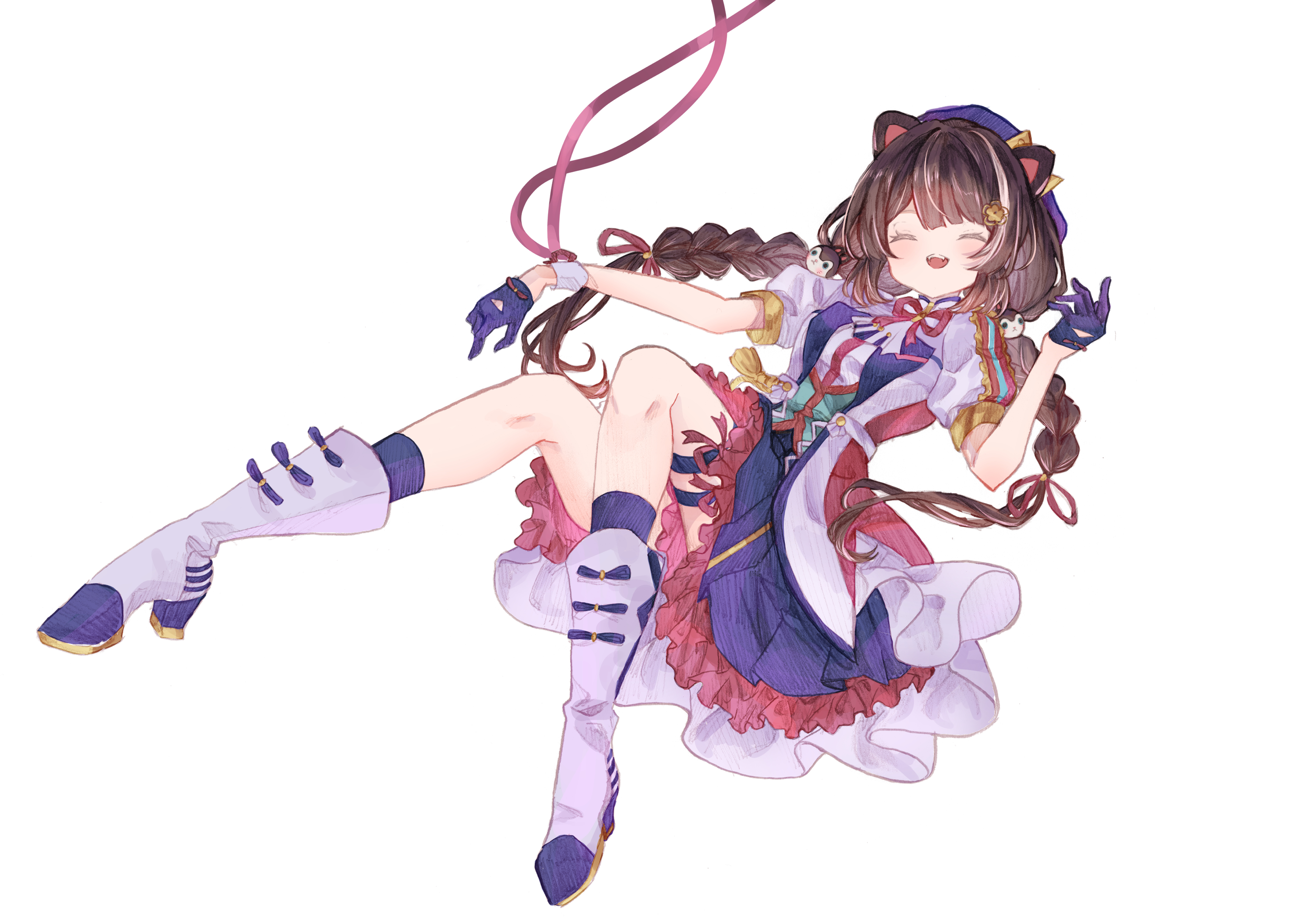 eresa, inui toko, nijisanji, absurdres, commentary request, highres, 1girl, :d, ^ ^, animal ears, animal hair ornament, ankle boots, beret, blue gloves, blue hat, blue skirt, blue socks, boots, brown hair, closed eyes, colored lapels, crown hat ornament, dog ears, frilled skirt, frills, full body, gloves, hair ornament, hair ribbon, half gloves, hat, idol clothes, jacket, leaning back, long hair, low twintails, miniskirt, multicolored hair, neck ribbon, open mouth, pleated skirt, puffy short sleeves, puffy sleeves, purple ribbon, ribbon, sanbaka anniversary outfit, short sleeves, simple background, single wrist cuff, skirt, smile, socks, solo, streaked hair, teeth, thigh strap, twintails, two-tone hair, upper teeth only, very long hair, virtual youtuber, white background, white boots, white hair, white jacket, white wrist cuffs, wrist cuffs, wrist ribbon