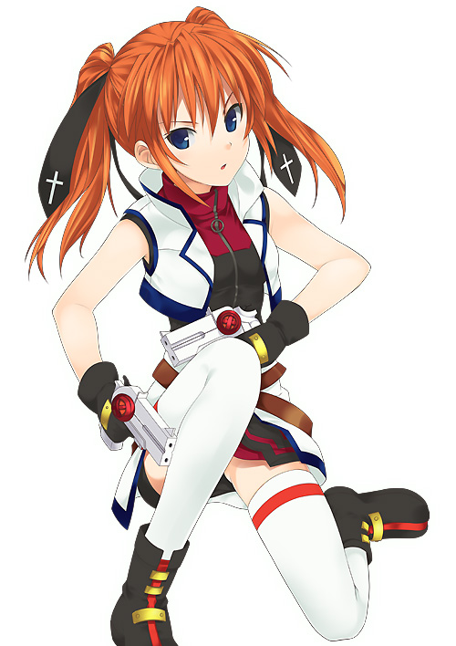 mizuki makoto, cross mirage, teana lanster, lyrical nanoha, mahou shoujo lyrical nanoha, mahou shoujo lyrical nanoha strikers, 00s, 1girl, blue eyes, dual wielding, female focus, gloves, gun, holding, on one knee, orange hair, simple background, solo, thighhighs, twintails, weapon