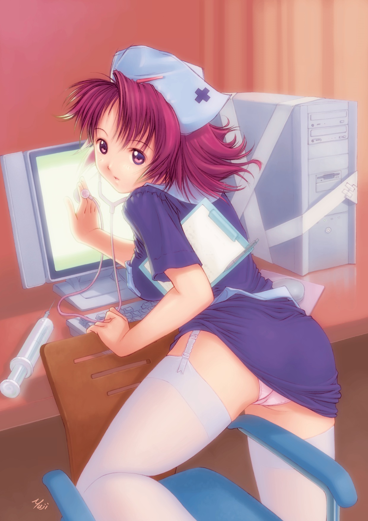 garters, uniform, highres, ass, chair, clipboard, computer, computer keyboard, nurse, panties, pantyshot, red hair, stethoscope, syringe, thighhighs, underwear, upskirt
