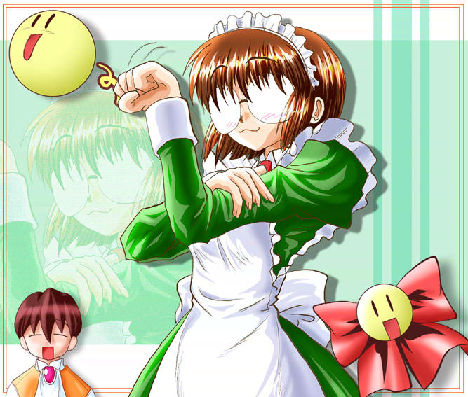 hanaukyou tarou, hanaukyou maid tai, 00s, 1girl, 2boys, age difference, blush, glasses, maid, multiple boys, opaque glasses, short hair, smile, suzuki ikuyo