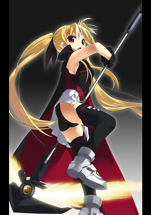 mizuki makoto, bardiche (haken form) (nanoha), bardiche (nanoha), fate testarossa, fate testarossa (lightning form), lyrical nanoha, mahou shoujo lyrical nanoha, 00s, 1girl, blonde hair, female focus, long hair, miniskirt, panties, red eyes, school uniform, serafuku, skirt, solo, thighhighs, twintails, underwear