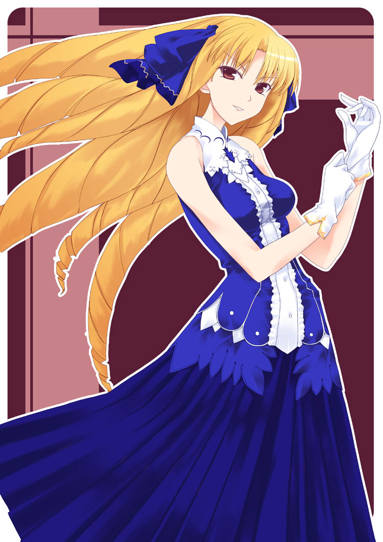 luviagelita edelfelt, fate/hollow ataraxia, fate/stay night, fate (series), artist request, non-web source, 00s, blonde hair, dress, drill hair, gloves, sleeveless, smile, solo
