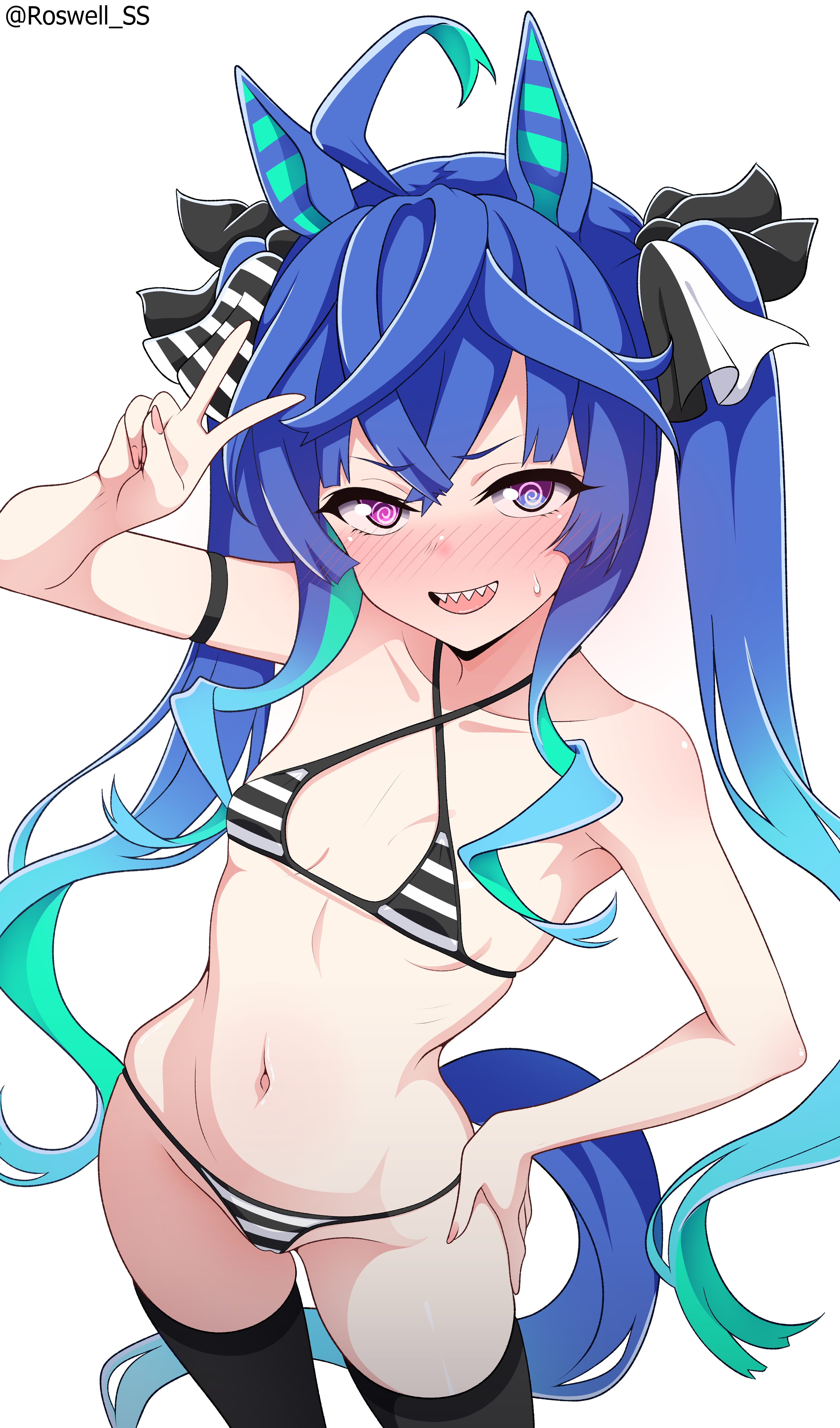 roswell ss, twin turbo (umamusume), umamusume, absurdres, commentary request, highres, 1girl, @ @, ahoge, alternate costume, animal ears, bikini, black ribbon, black thighhighs, blue hair, breasts, gradient hair, green hair, hair ribbon, horse ears, horse girl, horse tail, long hair, looking at viewer, multicolored hair, open mouth, purple eyes, ribbon, sharp teeth, small breasts, smile, solo, striped bikini, striped clothes, swimsuit, tail, teeth, thighhighs, twitter username, two-tone ribbon, upper teeth only, v, white ribbon