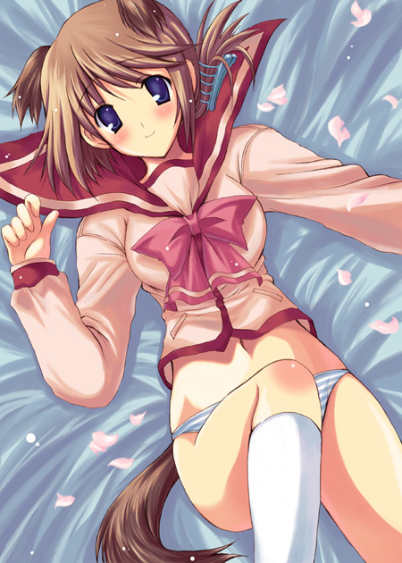 animal ears, blue eyes, blush, bow, brown hair, cherry blossoms, hair ornament, hairclip, panties, school uniform, serafuku, short hair, socks, striped clothes, striped panties, tail, underwear