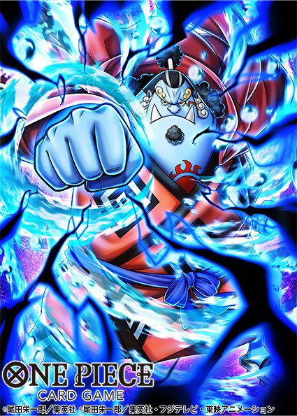 aidle co jp, jinbe (one piece), one piece, one piece card game, commentary request, official art, 1boy, black hair, blue skin, chest tattoo, clenched hands, colored skin, facial hair, geta, goatee, haki (one piece), half updo, incoming attack, japanese clothes, kimono, looking at viewer, male focus, ponytail, sash, scar, scar on face, solo, tattoo, tusks