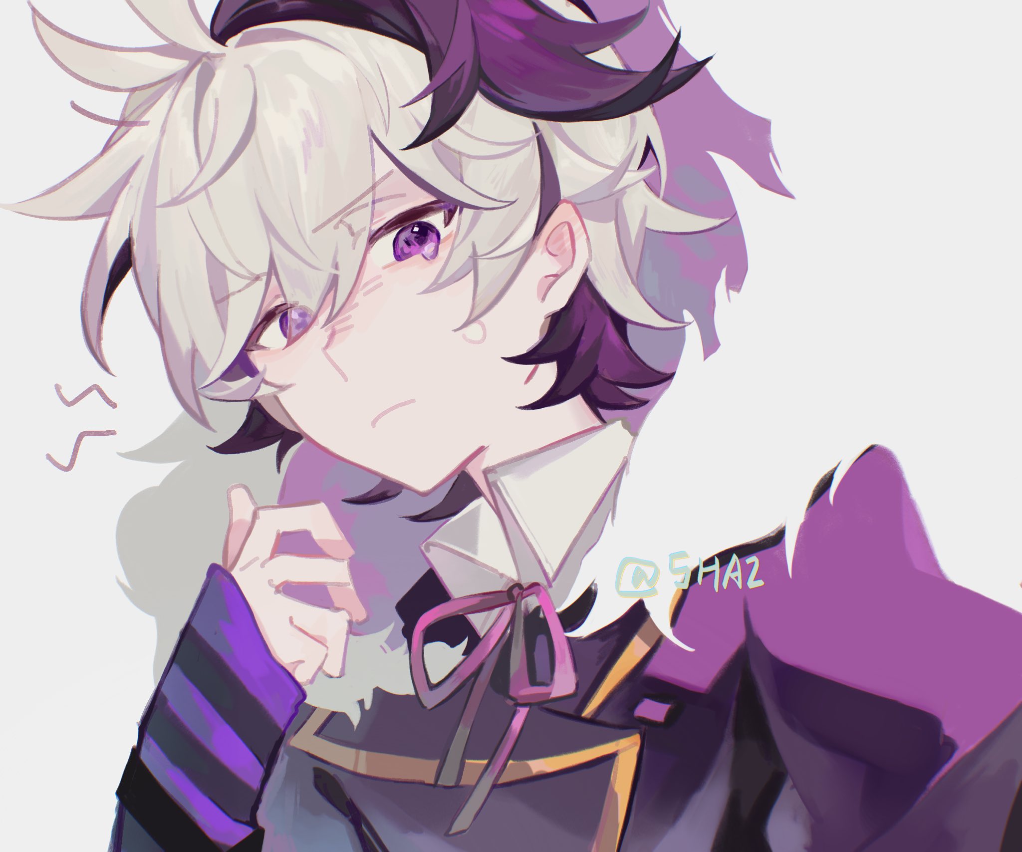 shai61384166010, flower (vocaloid), flower (vocaloid4), vocaloid, hashtag-only commentary, highres, 1girl, antenna hair, artist name, black arm warmers, black jacket, closed mouth, collared shirt, eyes visible through hair, from below, frown, fur-trimmed jacket, fur trim, grey background, grey hair, grey shirt, hair between eyes, hand up, jacket, messy hair, multicolored hair, official alternate costume, orange trim, portrait, purple arm warmers, purple eyes, purple hair, reverse trap, shirt, short hair, simple background, solo, streaked hair, striped arm warmers, swept bangs, tears, tears from one eye, two-tone hair
