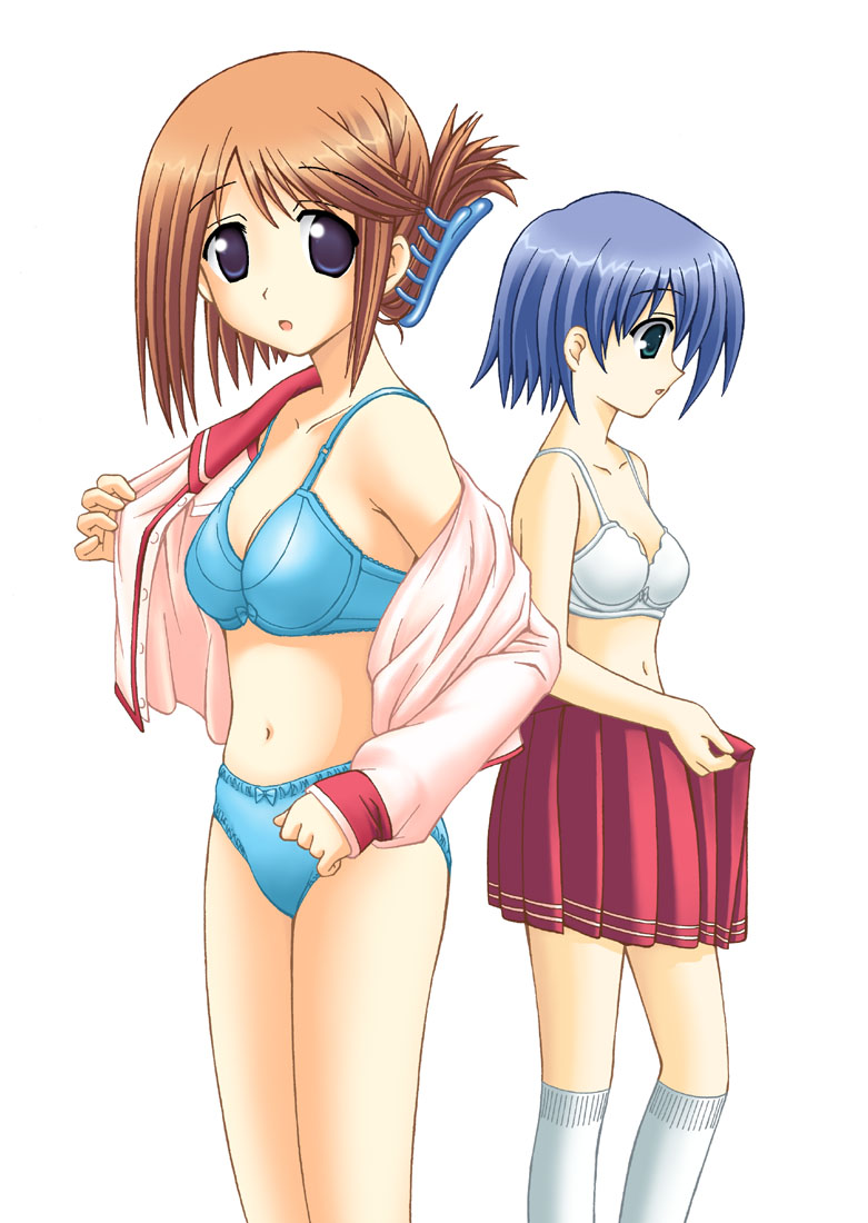 komaki manaka, tonami yuma, to heart (series), to heart 2, non-web source, 00s, 2girls, blue hair, bra, brown hair, green eyes, hair ornament, hairclip, lingerie, multiple girls, panties, purple eyes, school uniform, serafuku, short hair, socks, underwear, undressing
