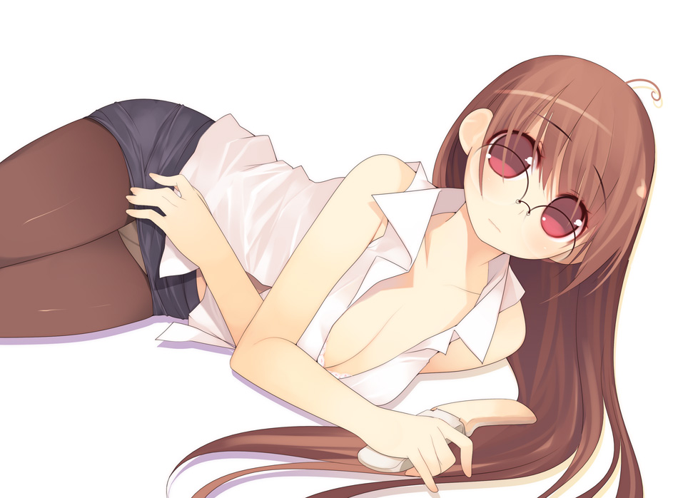kashiwamochi yomogi, arima senne, original, 1girl, bra, breasts, brown hair, cellphone, cleavage, clothes lift, crotch seam, female focus, glasses, lingerie, long hair, miniskirt, panties, panties under pantyhose, pantyhose, pencil skirt, phone, red eyes, skirt, skirt lift, sleeveless, solo, underwear, upskirt