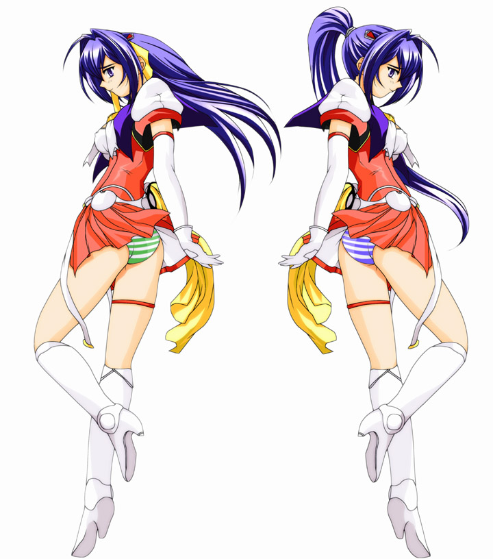 choukou (alicesoft), choukou tenshi escalayer, 2girls, ass, blue eyes, blue hair, clothes lift, elbow gloves, gloves, high heels, legs, long hair, multiple girls, panties, pantyshot, ponytail, skirt, skirt lift, striped clothes, striped panties, thighs, underwear
