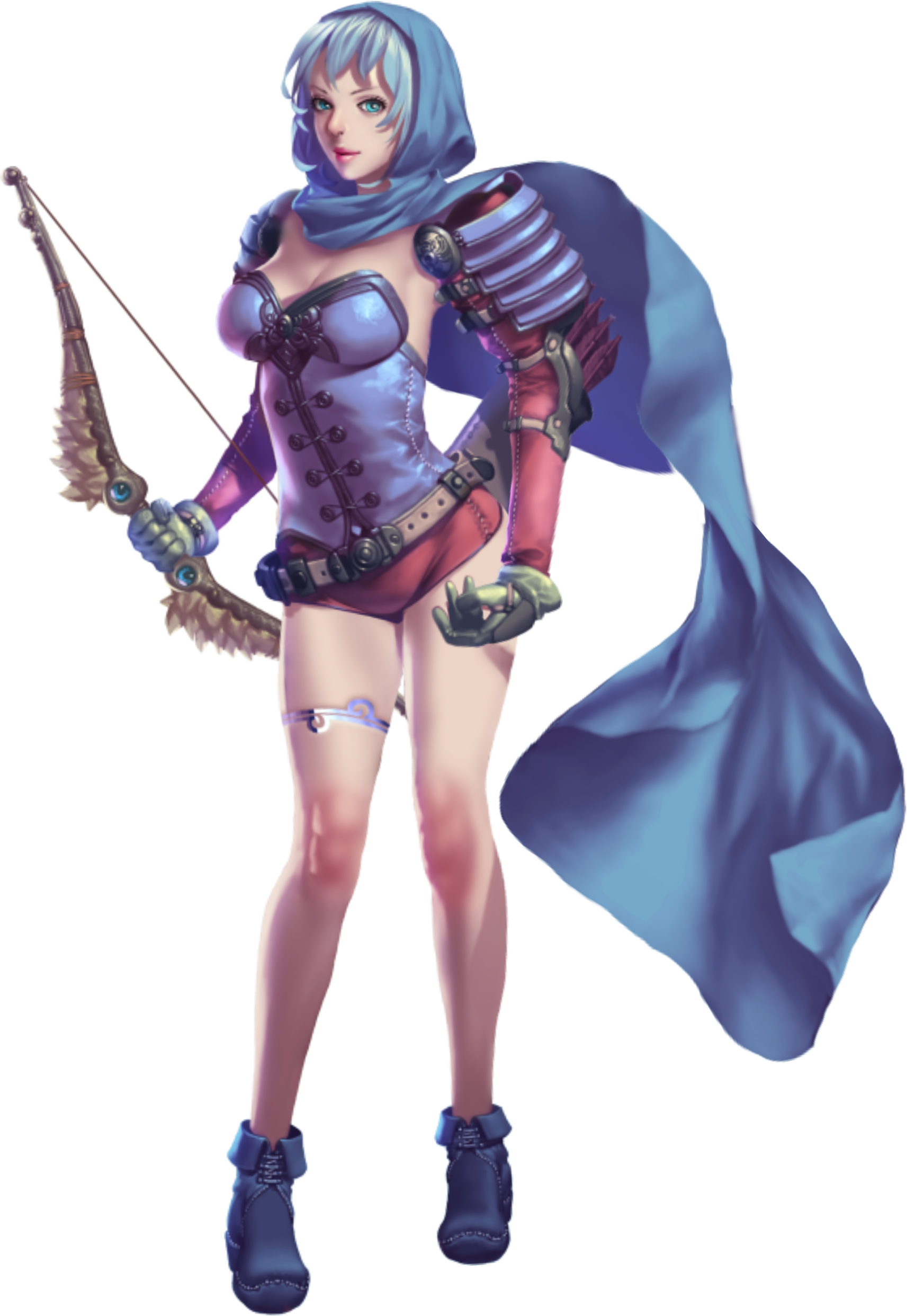 crystal maiden (series), absurdres, artist request, game cg, highres, official art, variant set, 1girl, armor, arrow (projectile), ava (crystal maidens), bare legs, belt, blue eyes, blue hair, bow (weapon), breasts, cape, cleavage, full body, gloves, holding, holding bow (weapon), holding weapon, hood, hood up, long sleeves, micro shorts, quiver, short hair, shorts, shoulder armor, solo, transparent background, weapon