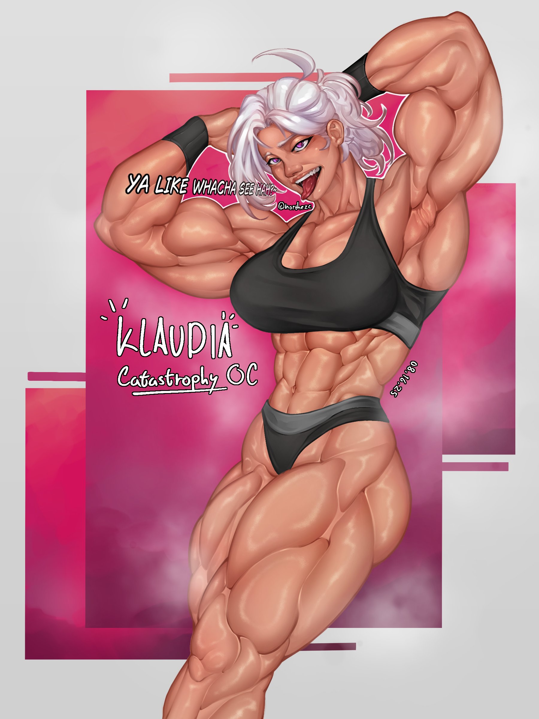 norutheze, original, absurdres, highres, 1girl, abs, arms behind head, black tank top, breasts, cleavage, dated, english text, large breasts, medium hair, muscular, muscular female, pink background, pink eyes, ponytail, solo, steaming body, sweat, sweatband, tank top, thick thighs, thighs, tongue, tongue out, white background, white hair
