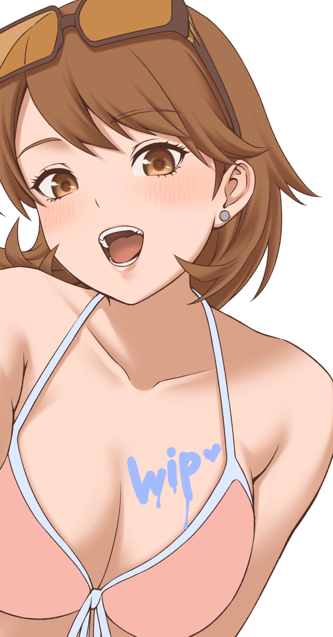 masatoshi 1219, takeba yukari, persona, persona 3, highres, 1girl, bare shoulders, bikini, bikini top only, black-framed eyewear, breasts, brown eyes, brown hair, cleavage, collarbone, earrings, eyewear on head, halterneck, jewelry, looking at viewer, medium breasts, official alternate costume, open mouth, paint on body, pink bikini, short hair, solo, stud earrings, sunglasses, swept bangs, swimsuit, upper body