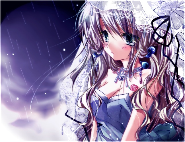 ichiyou moka, original, 1girl, aqua eyes, blonde hair, blush, breasts, bridal veil, bride, cleavage, dress, female focus, hair ornament, hairclip, jewelry, necklace, rain, ribbon, solo, veil, wedding dress