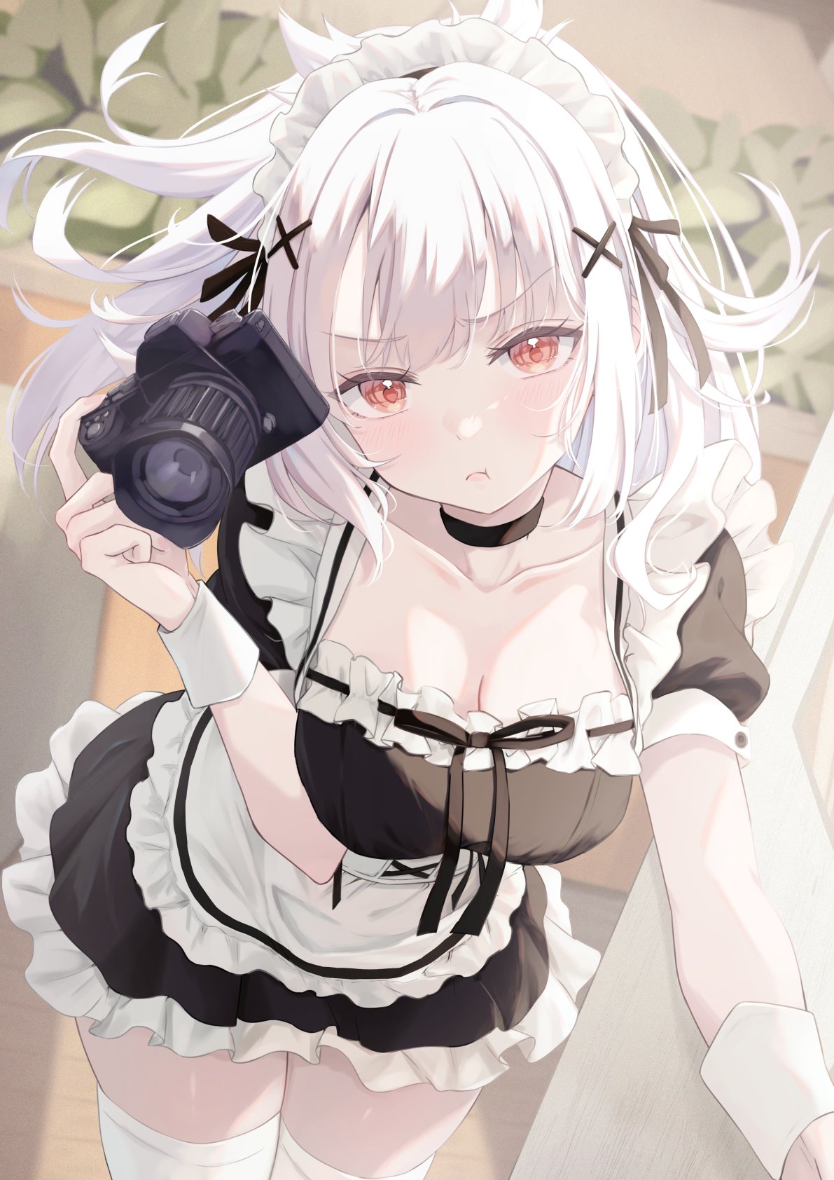yusuka yuu, original, highres, 1girl, apron, black choker, black dress, black ribbon, blush, breasts, camera, choker, cleavage, closed mouth, collarbone, dress, hair ornament, hair ribbon, holding, holding camera, indoors, large breasts, long hair, looking at viewer, maid, maid apron, maid headdress, red eyes, ribbon, short sleeves, solo, thighhighs, white apron, white hair, white thighhighs, wrist cuffs, zettai ryouiki