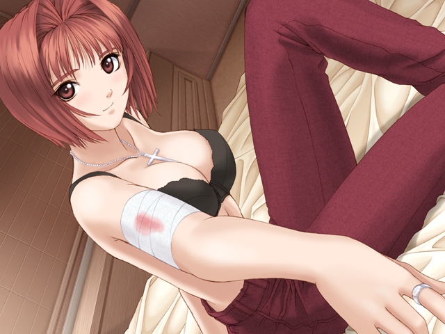 tony taka, mikado shizuka, tsubasa no hatameki, game cg, 1girl, bandages, bed, bed sheet, black bra, blood, blush, bra, breasts, cleavage, cross, female focus, jewelry, lingerie, necklace, red eyes, red hair, ring, sitting, smile, solo, topless female, underwear