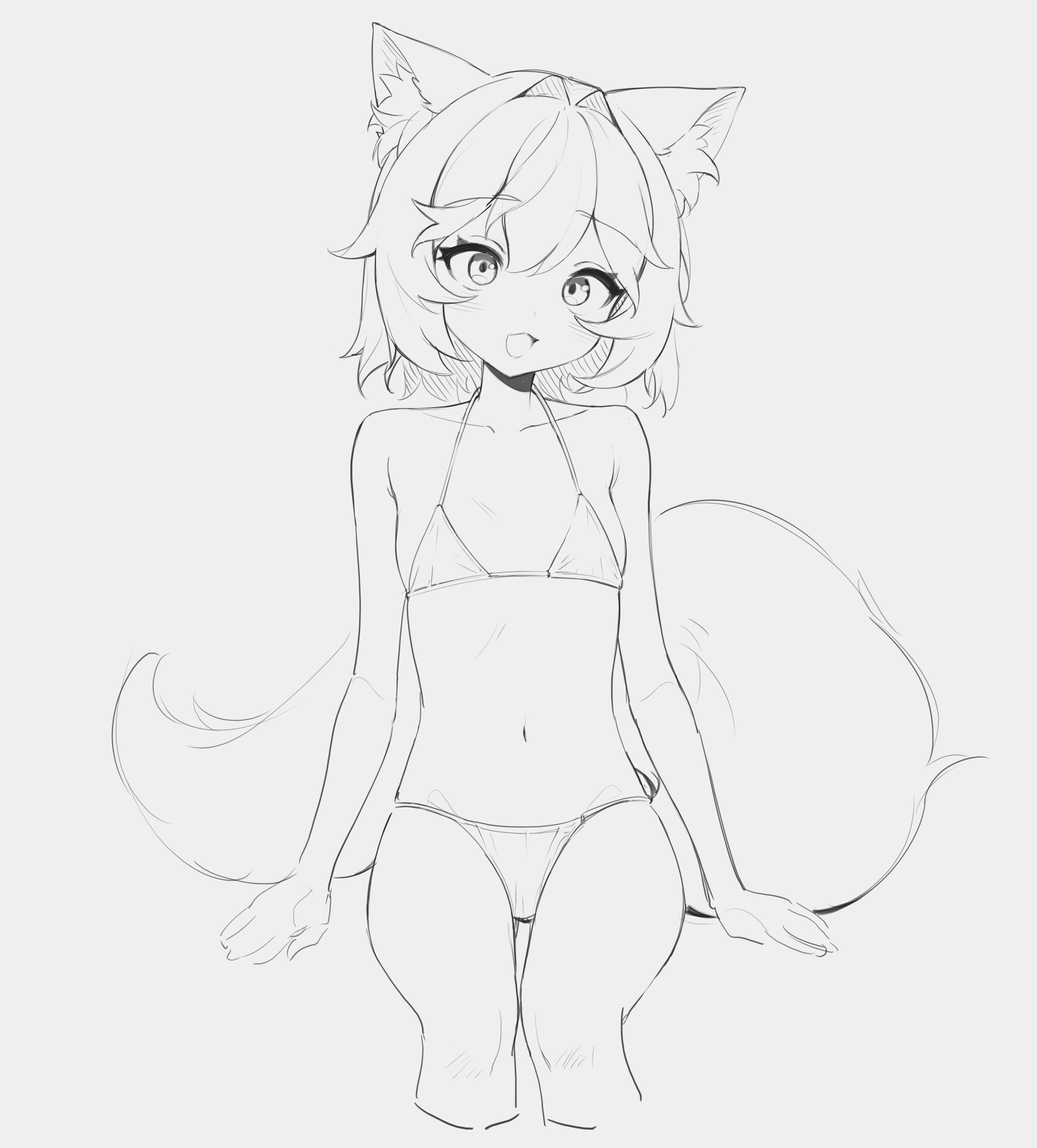 ellu, original, absurdres, highres, 1girl, animal ear fluff, animal ears, bikini, ellie-chan (ellu), feet out of frame, flat chest, fox ears, fox girl, fox tail, greyscale, hair intakes, lineart, looking at viewer, monochrome, navel, open mouth, short hair, sitting, smile, solo, swimsuit, tail