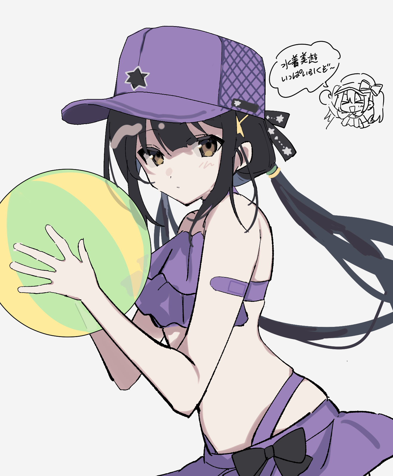 illyasviel von einzbern, illyasviel von einzbern (swimsuit archer) (second ascension), miyu edelfelt, miyu edelfelt (swimsuit lancer), fate/grand order, fate/kaleid liner prisma illya, fate (series), illyasviel von einzbern (swimsuit archer), commentary request, highres, translation request, > <, 2girls, :d, bandaid, bandaid on arm, bare shoulders, baseball cap, bikini, black hair, blue sky, brown eyes, expressionless, grey background, hat, long hair, looking at viewer, miyu edelfelt (swimsuit lancer) (second ascension), multiple girls, open mouth, purple bikini, purple hat, sakuma lovey (artist), simple background, sky, smile, solo focus, stomach, swimsuit, twintails, xd