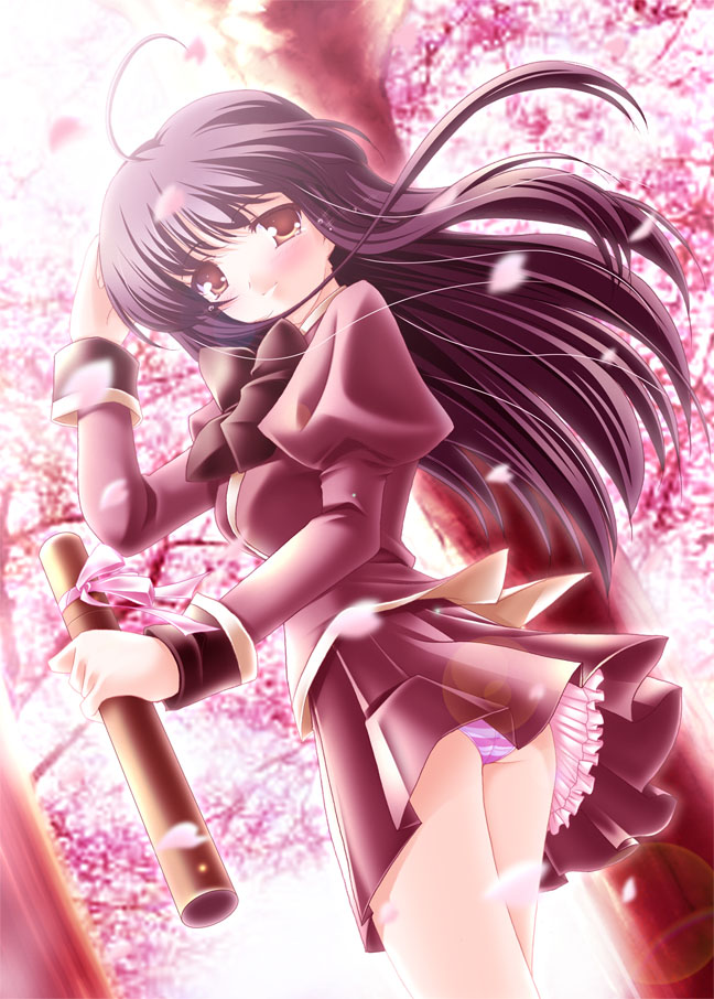 akino shin, brown eyes, cherry blossoms, clothes lift, graduation, long hair, panties, school uniform, serafuku, skirt, skirt lift, solo, striped clothes, striped panties, underwear, upskirt
