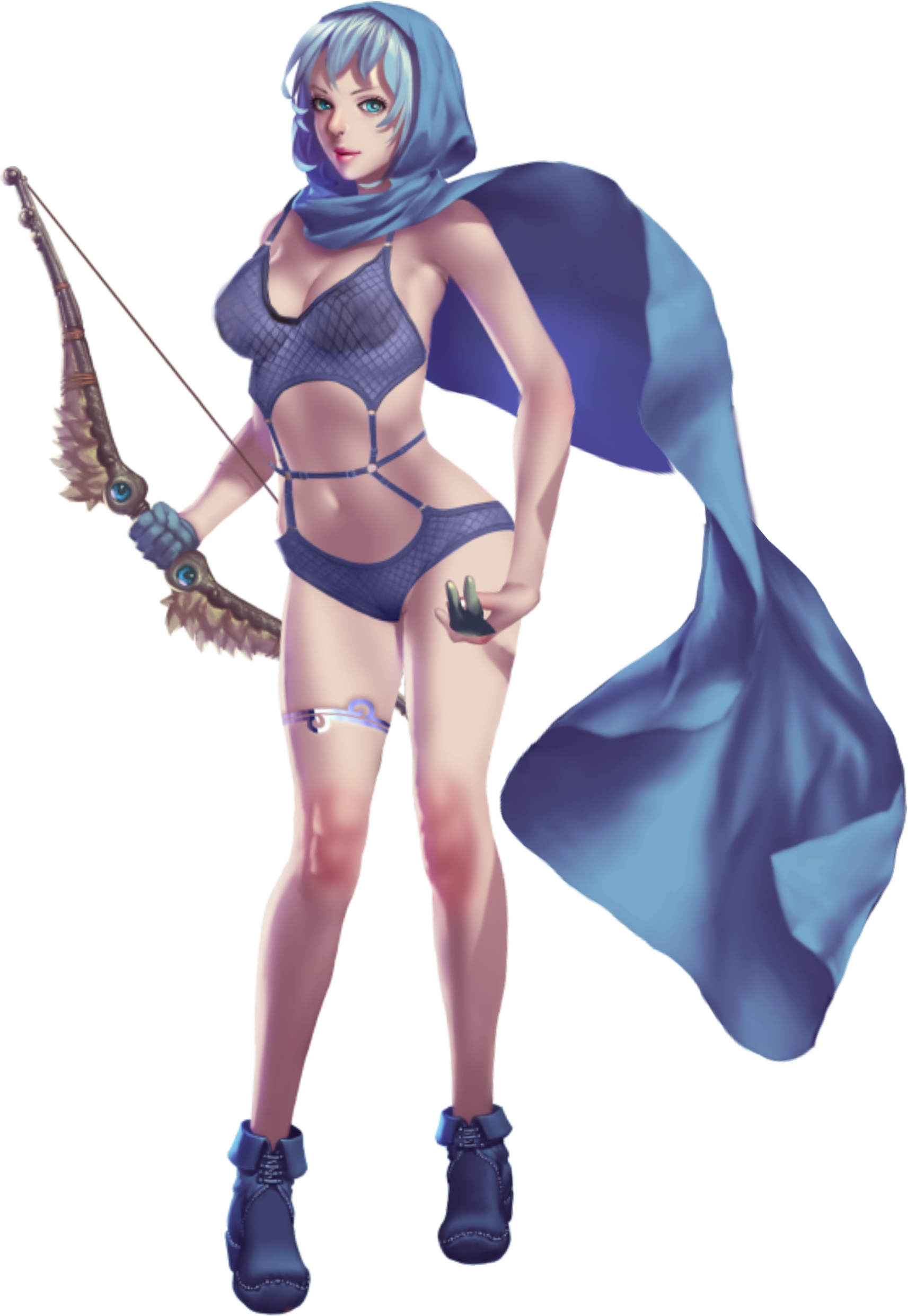 crystal maiden (series), absurdres, artist request, game cg, highres, official art, variant set, 1girl, artistic error, ava (crystal maidens), bare arms, bare legs, bare shoulders, blue eyes, blue hair, bow (weapon), breasts, cape, cleavage, full body, gloves, groin, holding, holding bow (weapon), holding weapon, hood, navel, short hair, solo, transparent background, underwear, weapon