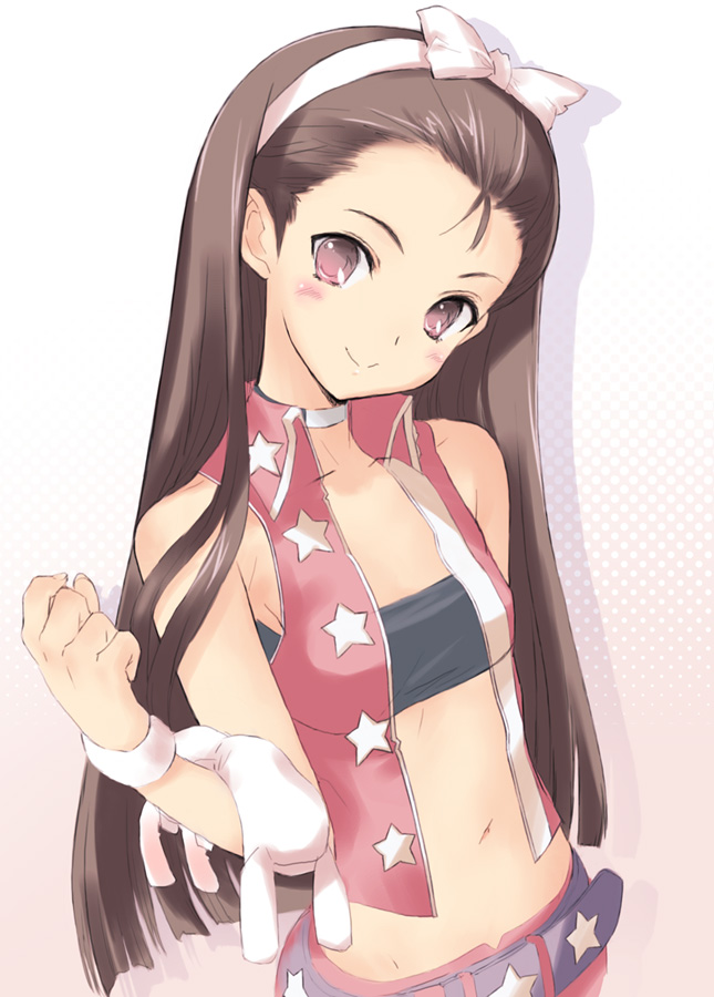 kawata hisashi, minase iori, idolmaster, idolmaster (classic), idolmaster 1, duplicate, 00s, 1girl, bandeau, belt, choker, cool & sexy (idolmaster), female focus, flat chest, hairband, long hair, midriff, miniskirt, open clothes, open shirt, ribbon, shirt, skirt, solo, strapless, tube top, vest