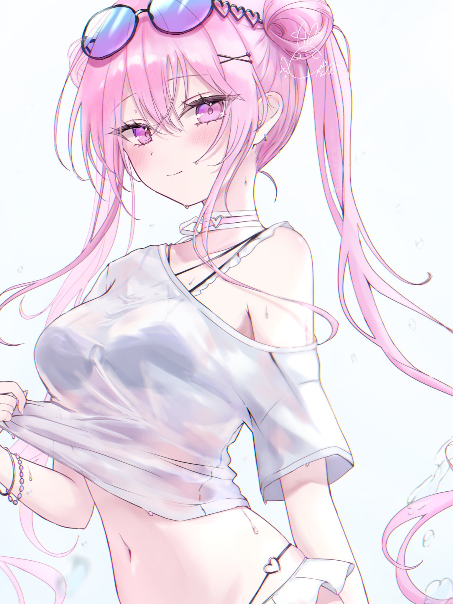klee-on, original, highres, 1girl, bikini, black bikini, blush, bracelet, breasts, choker, cleavage, closed mouth, collarbone, cropped shirt, eyewear on head, hair bun, jewelry, large breasts, long hair, looking at viewer, midriff, navel, pink eyes, pink hair, see-through clothes, see-through shirt, shirt, simple background, smile, solo, sunglasses, sweat, sweatdrop, swimsuit, twintails, white background, white shirt