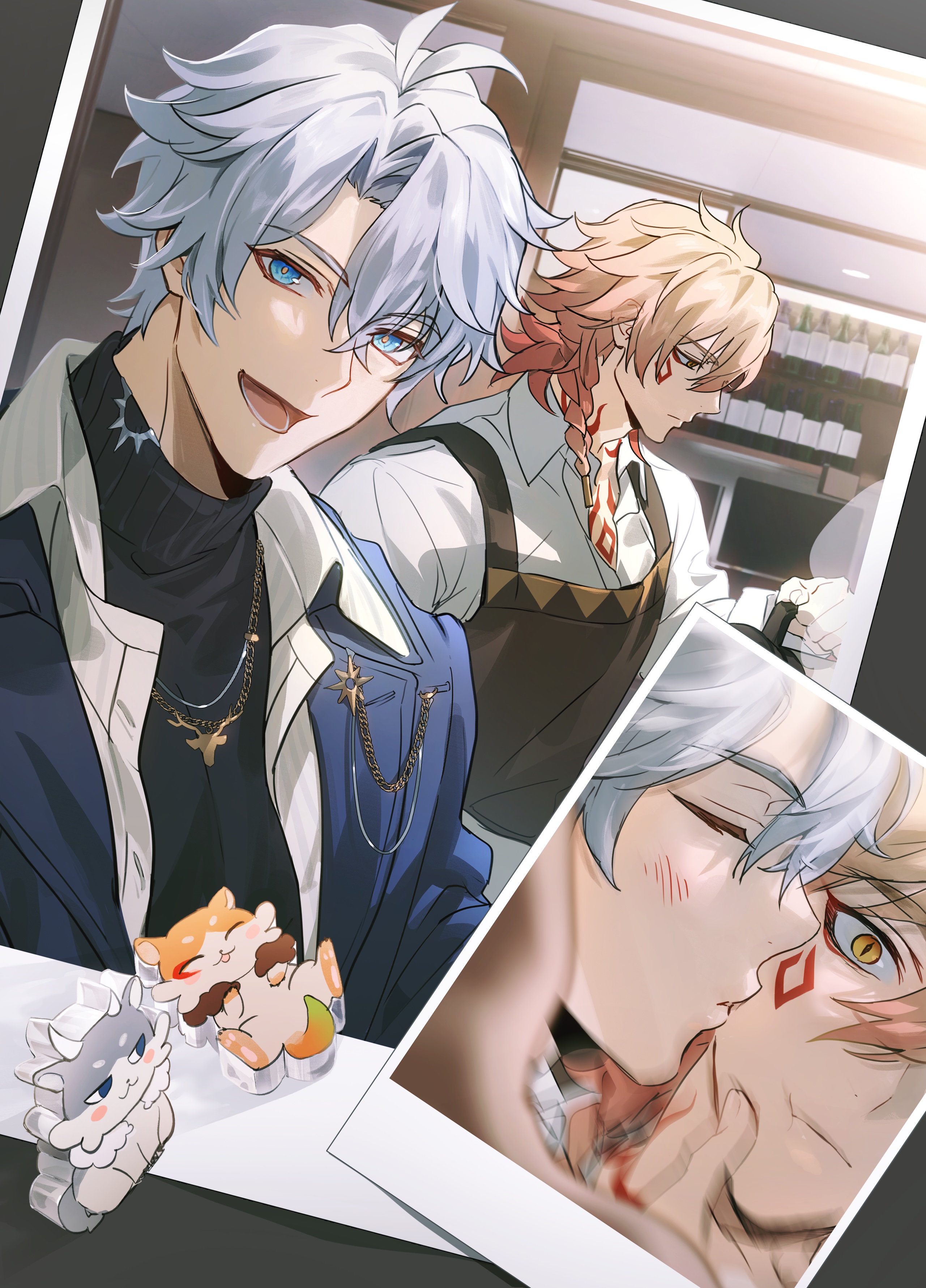 donburi rn, phainon (honkai: star rail), honkai: star rail, honkai (series), absurdres, highres, 2boys, antenna hair, apron, black sweater, blue coat, blue eyes, brown apron, closed eyes, coat, collared shirt, crossed bangs, grey hair, hair between eyes, jewelry, kiss, male focus, medium hair, multiple boys, multiple views, necklace, official alternate costume, open clothes, open coat, open shirt, orange hair, parted bangs, phainon (luckin coffee) (honkai: star rail), photo (object), red tattoo, shirt, short hair, sweater, turtleneck, turtleneck sweater, white shirt, yaoi, yellow eyes, yellow pupils