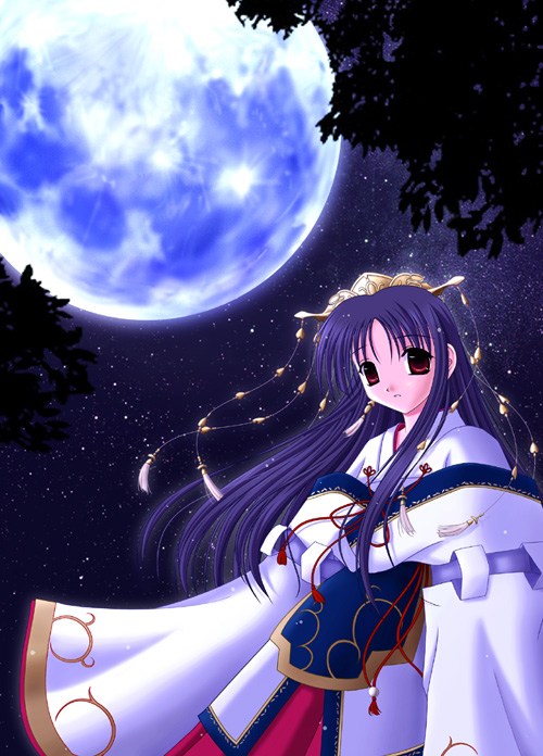 makino nanami, suigetsu, artist request, 1girl, black hair, dress, female focus, full moon, japanese clothes, long hair, long sleeves, looking at viewer, miko, moon, night, night sky, red eyes, sky, sleeves past wrists, solo, standing, star (sky), starry sky, tiara, tree, white dress, wide sleeves