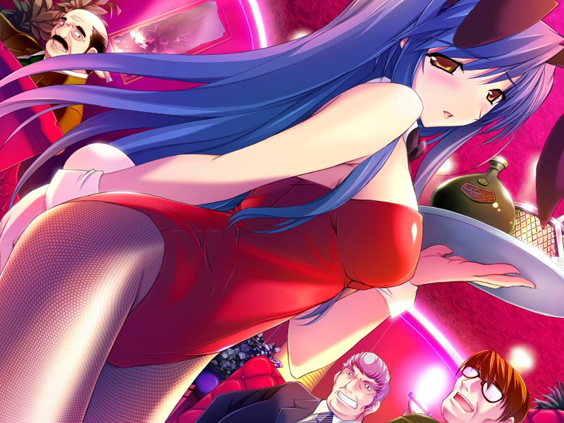 1girl, 3boys, animal ears, bar (place), blue hair, breasts, cowboy shot, fake animal ears, indoors, large breasts, long hair, multiple boys, pantyhose, playboy bunny, rabbit ears, standing, waitress