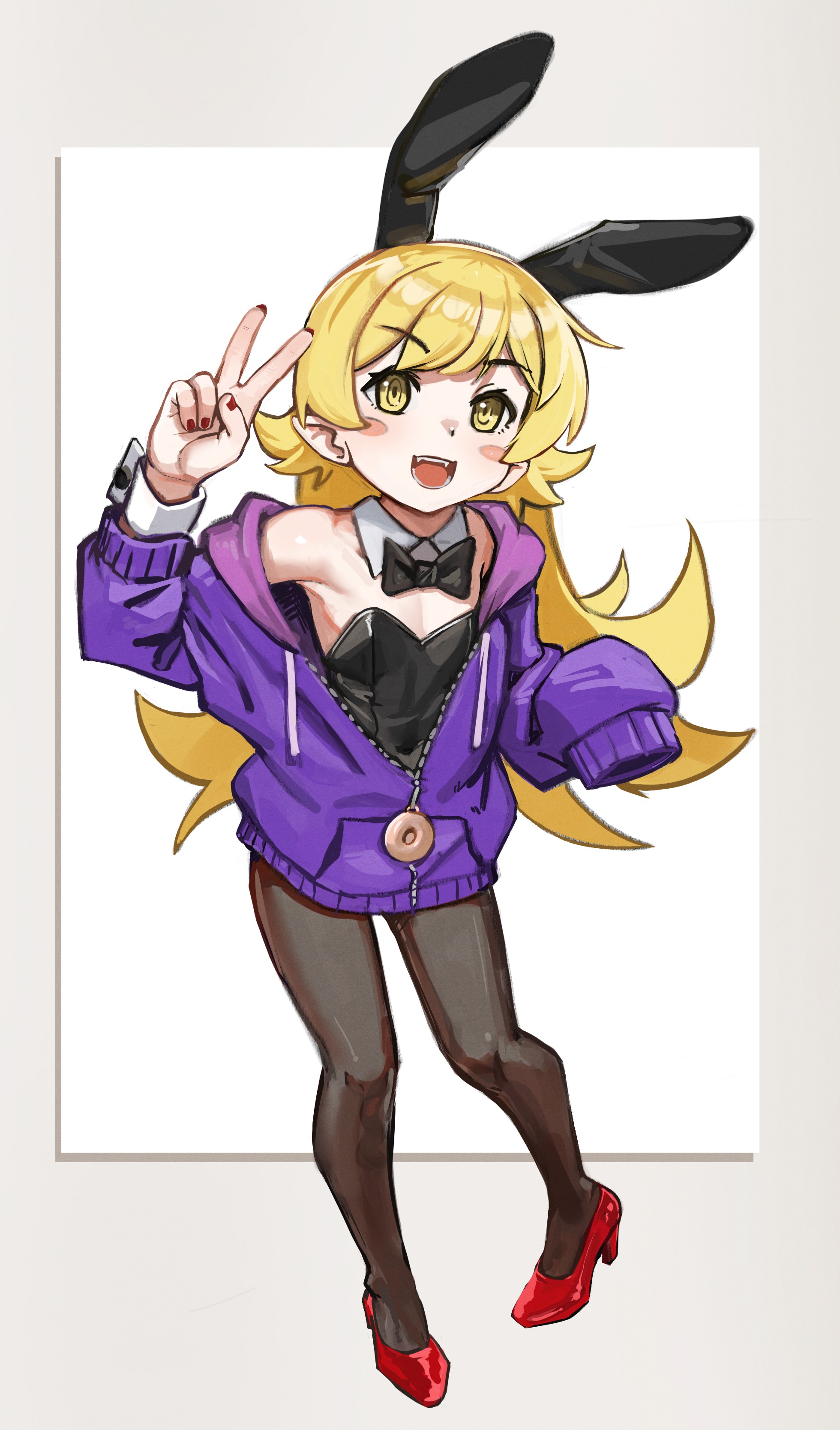 ricman rt, oshino shinobu, monogatari (series), absurdres, highres, animal ears, black bow, black bowtie, black leotard, black pantyhose, blonde hair, blush stickers, border, bow, bowtie, detached collar, dot nose, drawstring, fangs, flat chest, flipped hair, full body, grey border, hair flaps, hand up, high heels, hood, hooded jacket, jacket, leotard, long hair, long sleeves, open mouth, outside border, pantyhose, partially unzipped, pigeon-toed, playboy bunny, pointy ears, purple jacket, rabbit ears, red nails, red shoes, ringed eyes, shoes, sleeves past fingers, sleeves past wrists, standing, strapless, strapless leotard, swept bangs, v, very long hair, white background, white wrist cuffs, wrist cuffs, yellow eyes, zipper, zipper pull tab