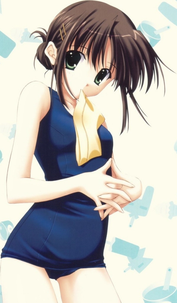 nanao naru, original, 1girl, brown hair, female focus, mouth hold, one-piece swimsuit, ponytail, school swimsuit, short hair, solo, swimsuit