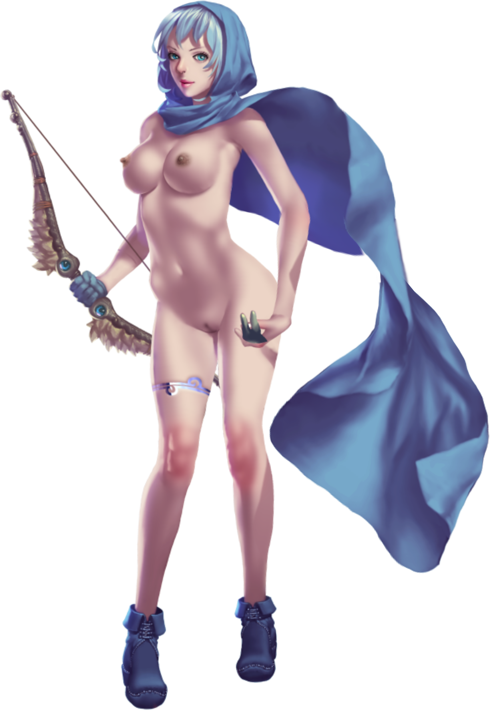 crystal maiden (series), absurdres, artist request, game cg, highres, official art, variant set, 1girl, artistic error, ava (crystal maidens), blue eyes, blue hair, bow (weapon), breasts, cape, cleavage, completely nude, full body, gloves, groin, holding, holding bow (weapon), holding weapon, hood, navel, nipples, nude, pussy, short hair, solo, transparent background, underwear, weapon