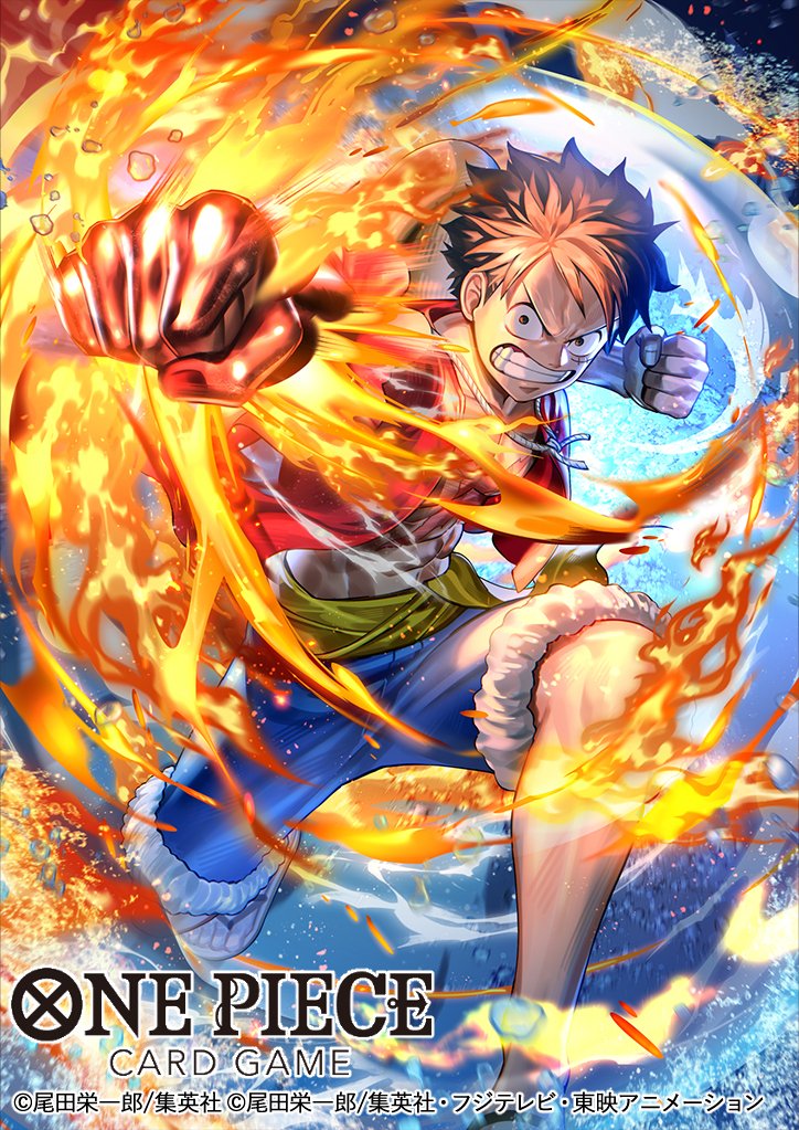 andersonkun765, monkey d. luffy, one piece, one piece card game, commentary request, official art, 1boy, attack, black hair, blue shorts, clenched hands, clenched teeth, fire, haki (one piece), hat, looking at viewer, male focus, red shirt, sash, scar, scar on chest, scar on face, shirt, shorts, solo, straw hat, teeth, yellow sash