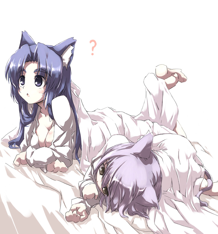 tokyo (great akuta), asakura ryoko, nagato yuki, suzumiya haruhi no yuuutsu, 00s, ?, animal ears, barefoot, breasts, cat ears, cleavage