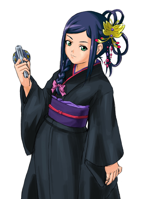 kuga natsuki, my-hime, 00s, bow, braid, green eyes, gun, japanese clothes, kimono, ponytail, weapon