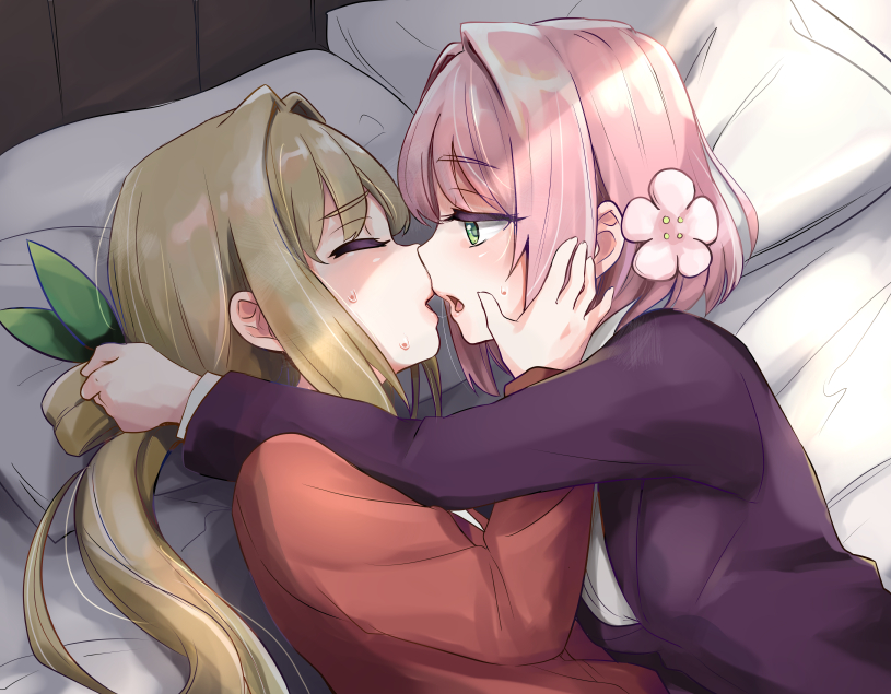 paramisan, hanazono hakari, inda karane, kimi no koto ga dai dai dai dai daisuki na 100-nin no kanojo, commentary, 2girls, after kiss, black jacket, blonde hair, closed eyes, flower, green eyes, hair flower, hair intakes, hair ornament, hand on another's cheek, hand on another's face, jacket, long hair, long sleeves, looking at another, lying, multiple girls, on bed, on side, open mouth, pillow, pink hair, red jacket, saliva, saliva trail, short hair, sweat, upper body, yuri
