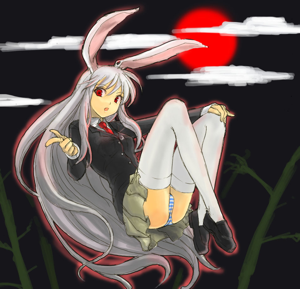 tetsu (kimuchi), reisen udongein inaba, touhou, silver hair, 1girl, alternate hair color, animal ears, blazer, female focus, finger gun, floating, full moon, jacket, legs, moon, panties, pointing, rabbit ears, red eyes, red moon, school uniform, skirt, solo, striped clothes, striped panties, thighhighs, underwear, white thighhighs